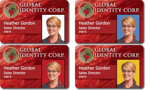 Examples of how colored ID photo backdrops can change the look of your ID cards