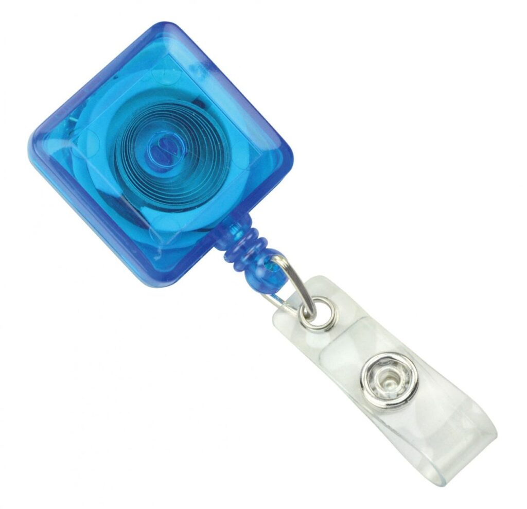 Custom Blue Translucent Square Badge Reels - Spring Clip - Qty 100