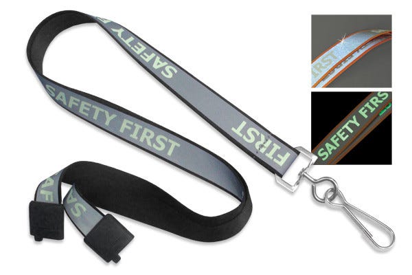 5/8 Black Reflective Glow-in-the-Dark Safety Lanyard w/ Safety Breakaway & Swivel Hook - 100 per pack