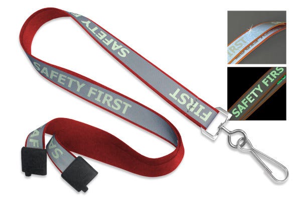 5/8'' Red Reflective Glow-in-the-Dark Safety Lanyard w/ Safety Breakaway & Swivel Hook - 100 per pack