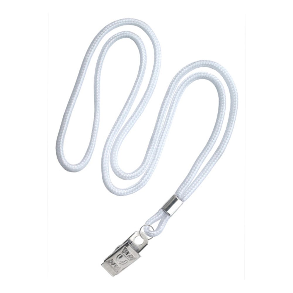 1/8'' White Round Braid Lanyard with Bulldog Clip - 100 per pack