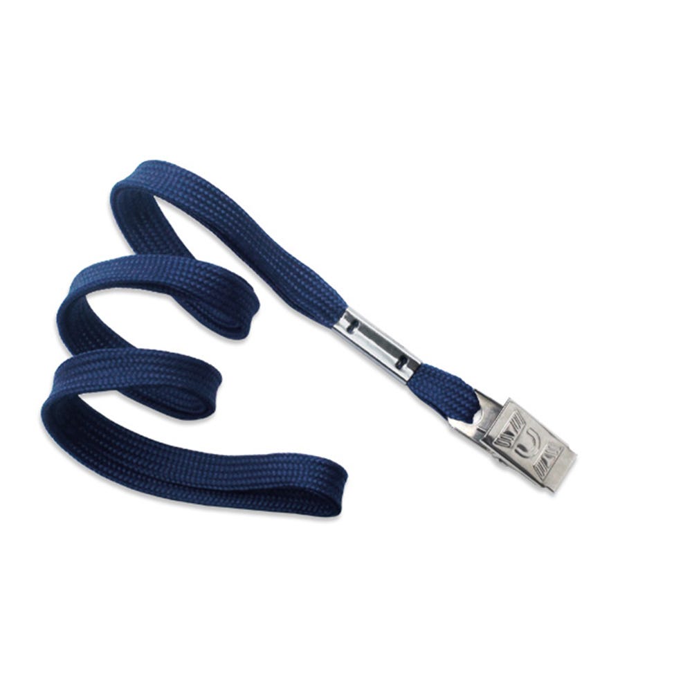 3/8'' Navy Blue Flat Braid Lanyard with Bulldog Clip- 100 per pack