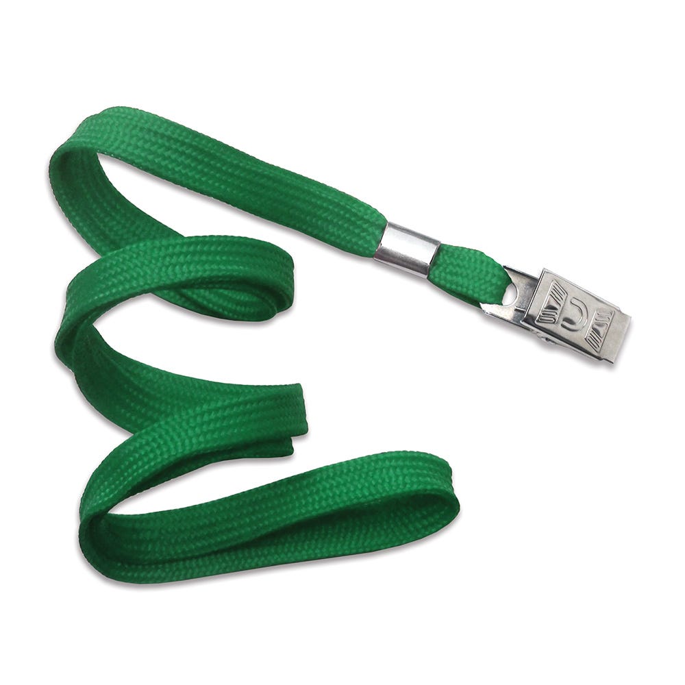 3/8'' Green Flat Braid Lanyard with Bulldog Clip - 100 per pack