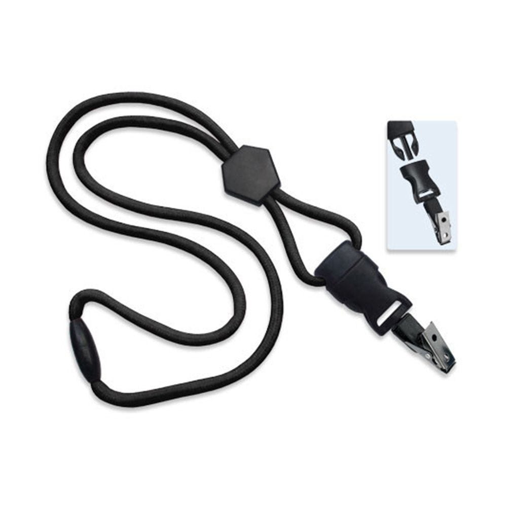 1/4'' Black Round Breakaway Lanyard w/ Diamond Slider & Detachable Black Oxide Bulldog Clip - 100 pe