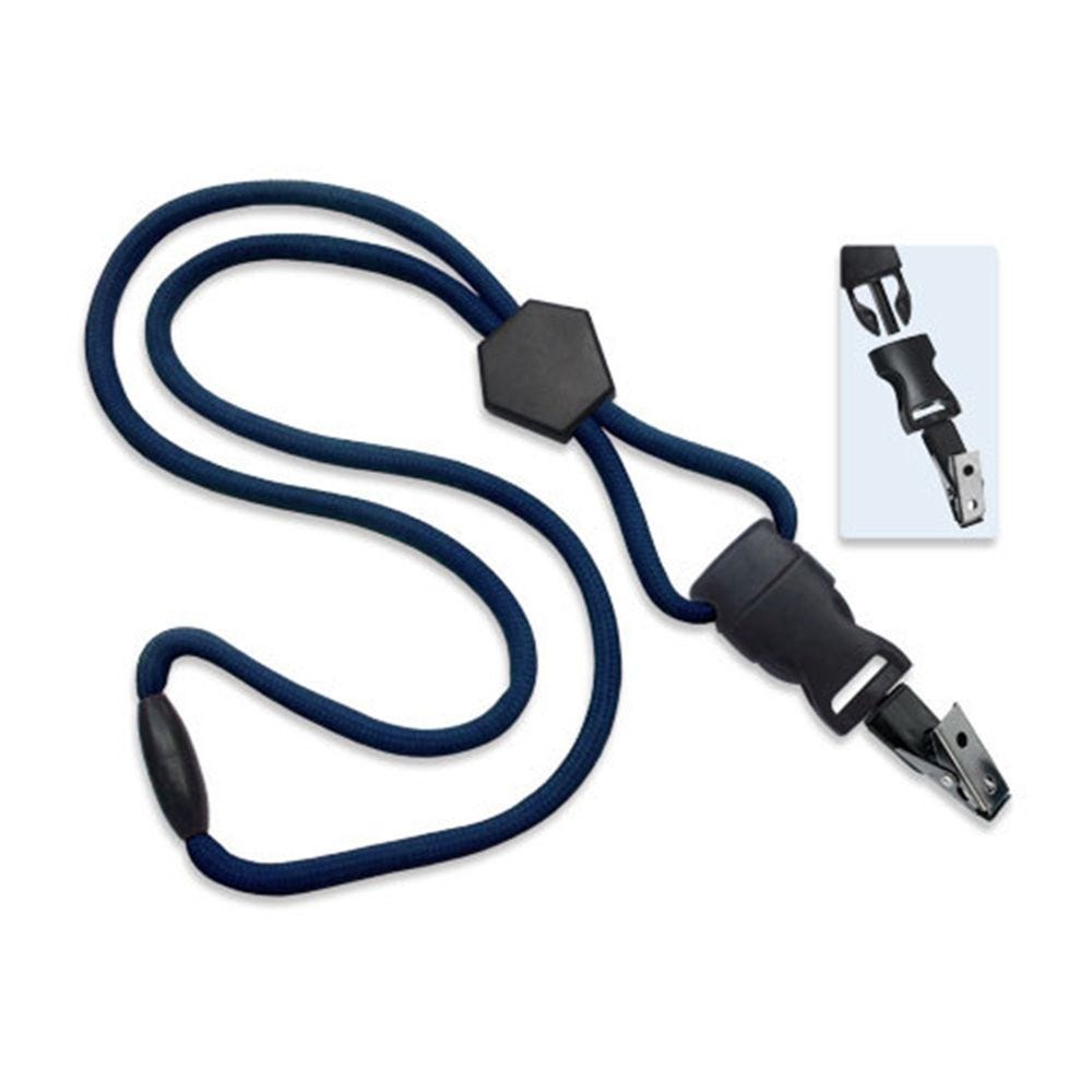 1/4'' Navy Blue Round Breakaway Lanyard w/ Diamond Slider & Detachable Black Oxide Bulldog Clip - 10