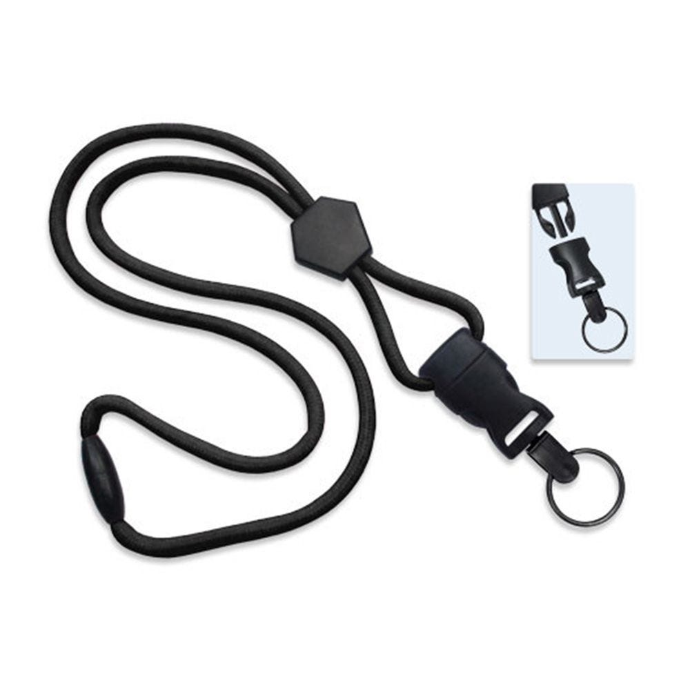 1/4'' Black Round Breakaway Lanyard w/ Diamond Slider & Detachable Black Oxide Split Ring - 100 per