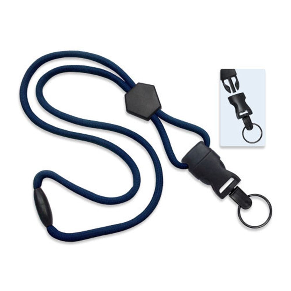 1/4'' Navy Blue Round Breakaway Lanyard w/ Diamond Slider & Detachable Black Oxide Split Ring - 100
