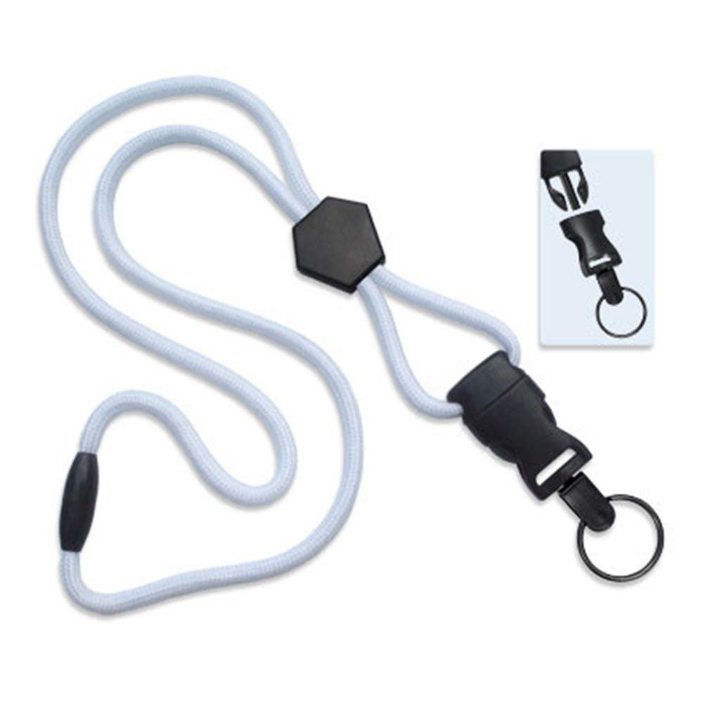1/4'' White Round Breakaway Lanyard w/ Diamond Slider & Detachable Black Oxide Split Ring - 1000 pk