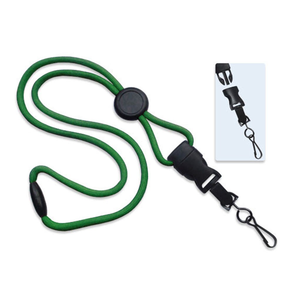 1/4'' Green Round Breakaway Lanyard w/ Round Slider & Detachable Black Oxide Swivel Hook - 1000 pk