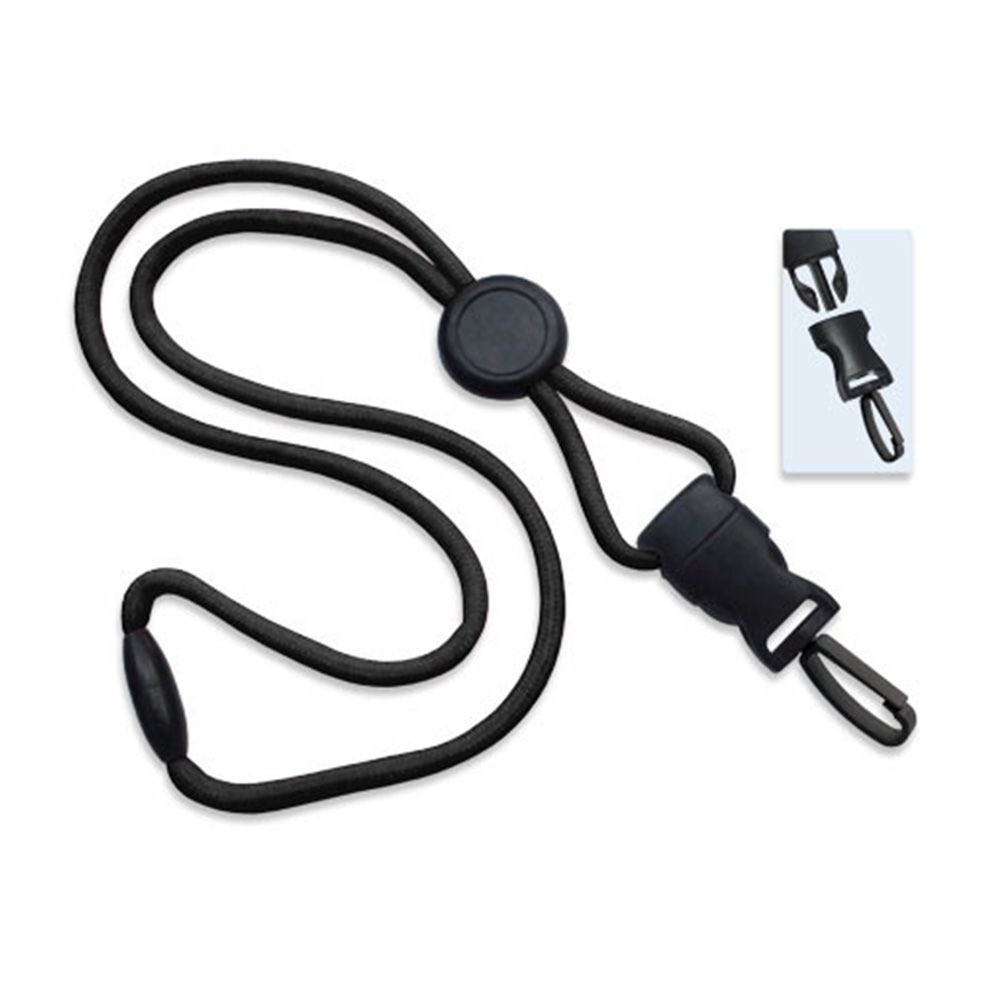 1/4'' Black Round Breakaway Lanyard w/ Round Slider & Detachable Plastic Swivel Hook - 100 per pack