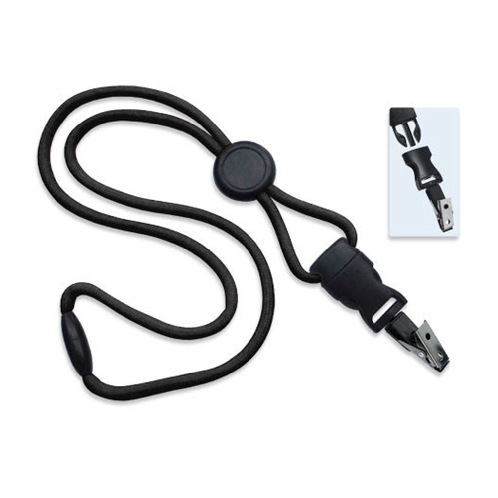 1/4'' Black Round Breakaway Lanyard w/ Round Slider & Detachable Black Oxide Bulldog Clip - 100 per