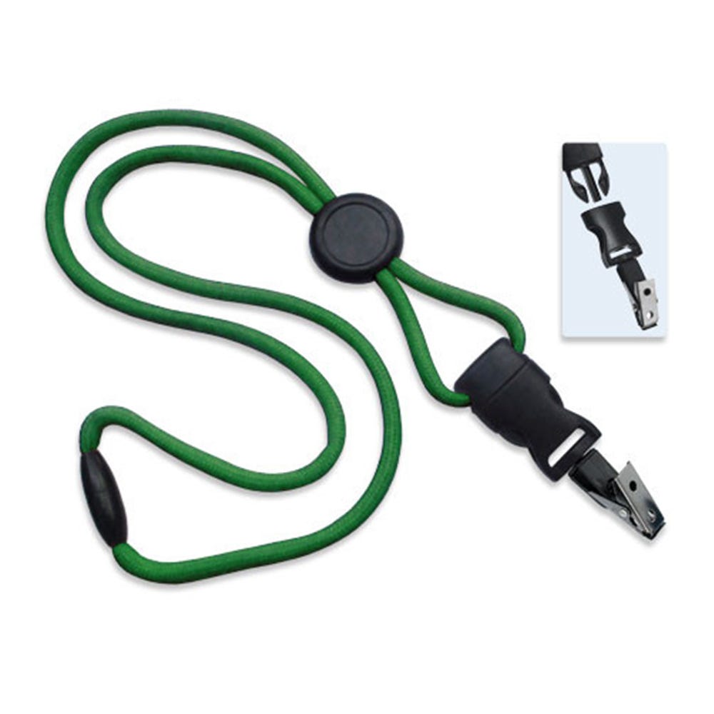 1/4'' Green Round Breakaway Lanyard w/ Round Slider & Detachable Black Oxide Bulldog Clip - 1000 pk