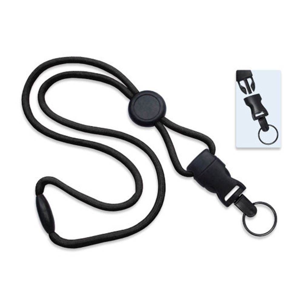 1/4'' Black Round Breakaway Lanyard w/ Round Slider & Detachable Black Oxide Split Ring - 100 per pa