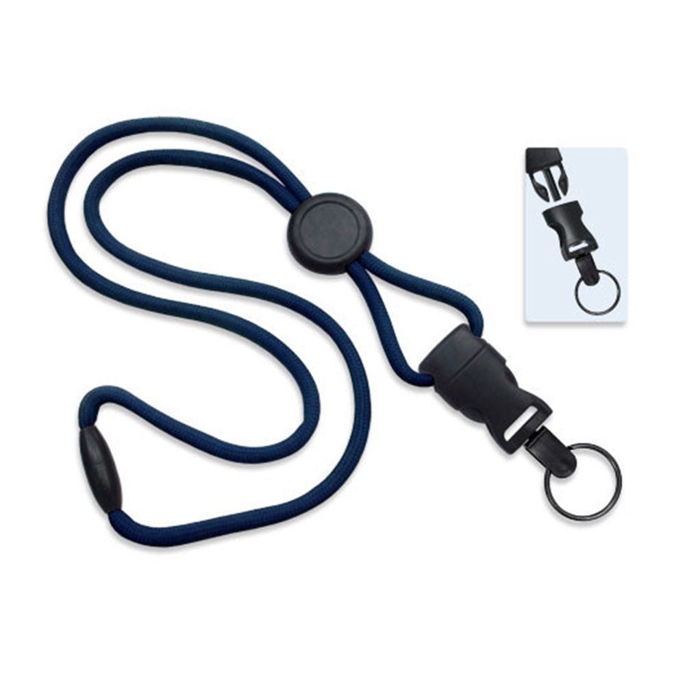 1/4'' Navy Round Breakaway Lanyard w/ Round Slider & Detachable Black Oxide Split Ring - 100 per pac