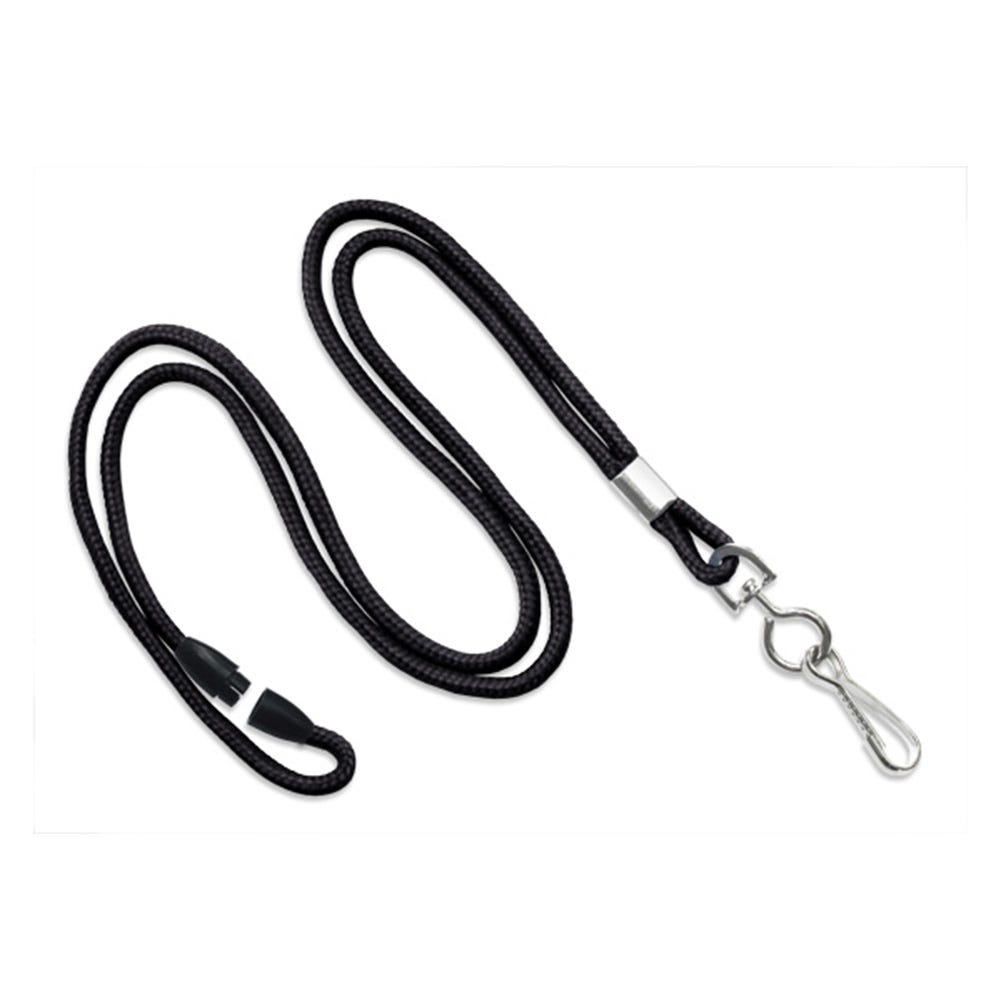 1/8'' Black Round Braid Lanyard with Safety Breakaway & Swivel Hook - 100 per pack