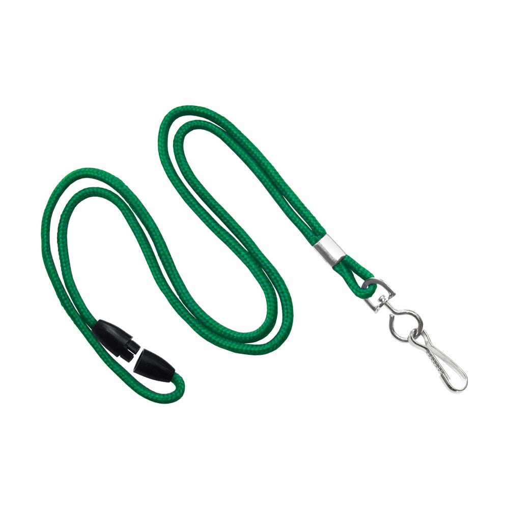 1/8'' Green Round Braid Lanyard with Safety Breakaway & Swivel Hook - 100 per pack