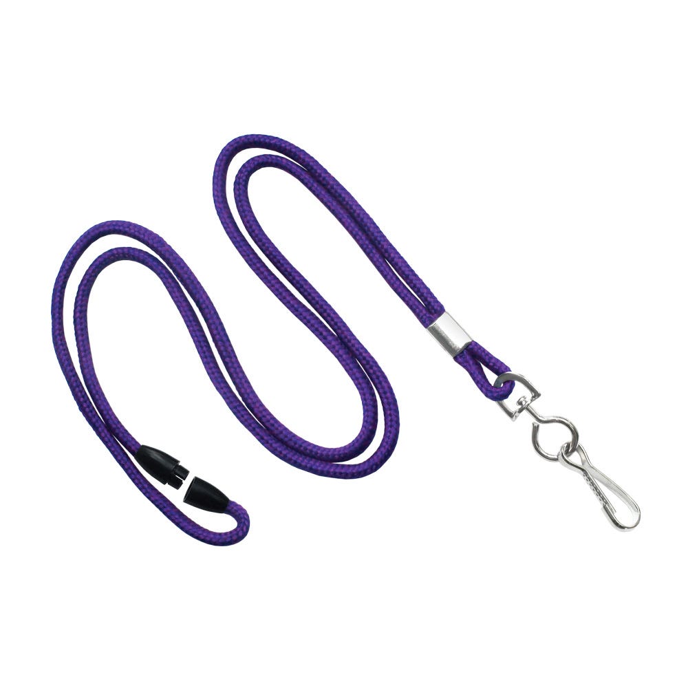 1/8'' Purple Round Braid Lanyard with Safety Breakaway & Swivel Hook - 100 per pack