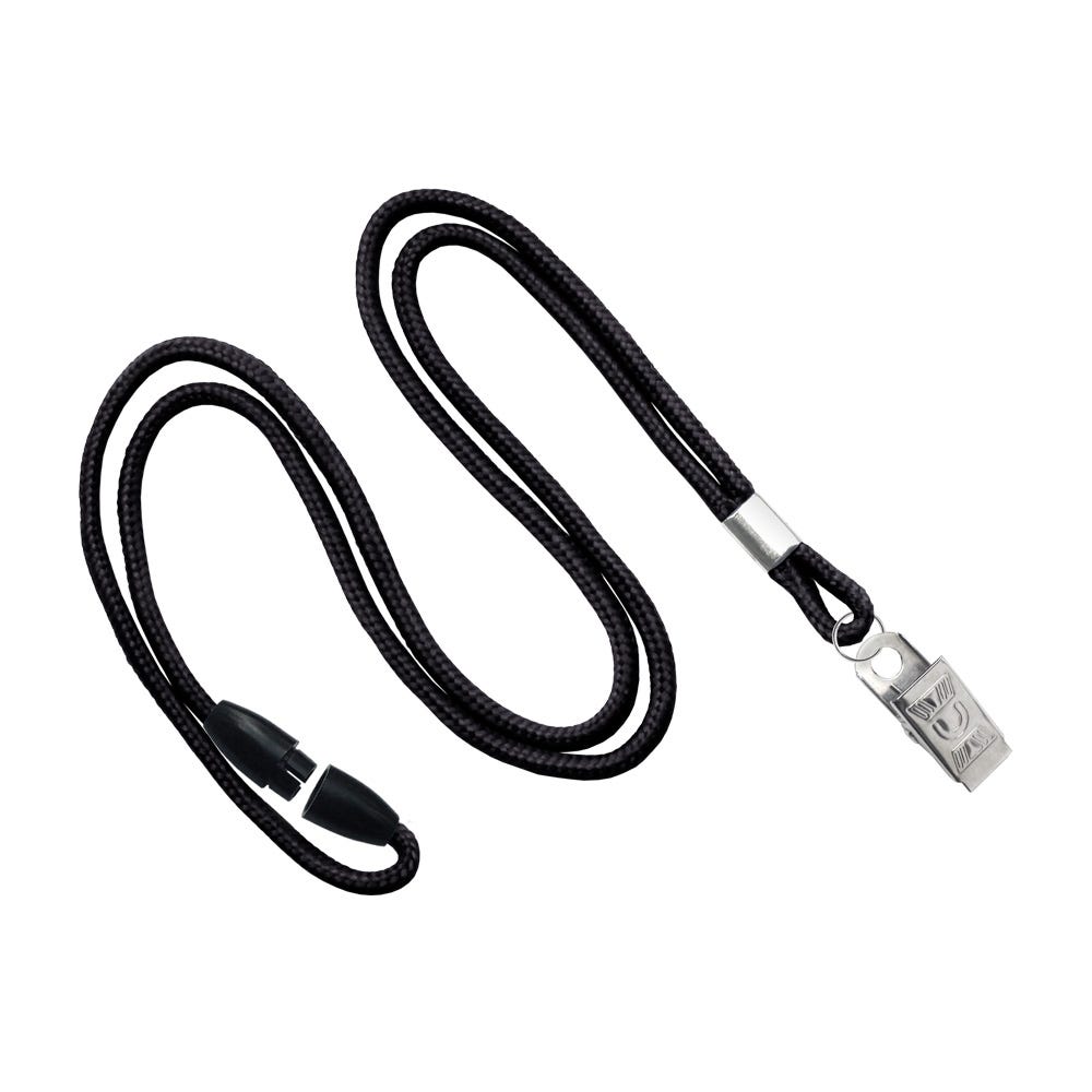 1/8'' Black Round Braid Lanyard with Safety Breakaway & Bulldog Clip - 100 per pack