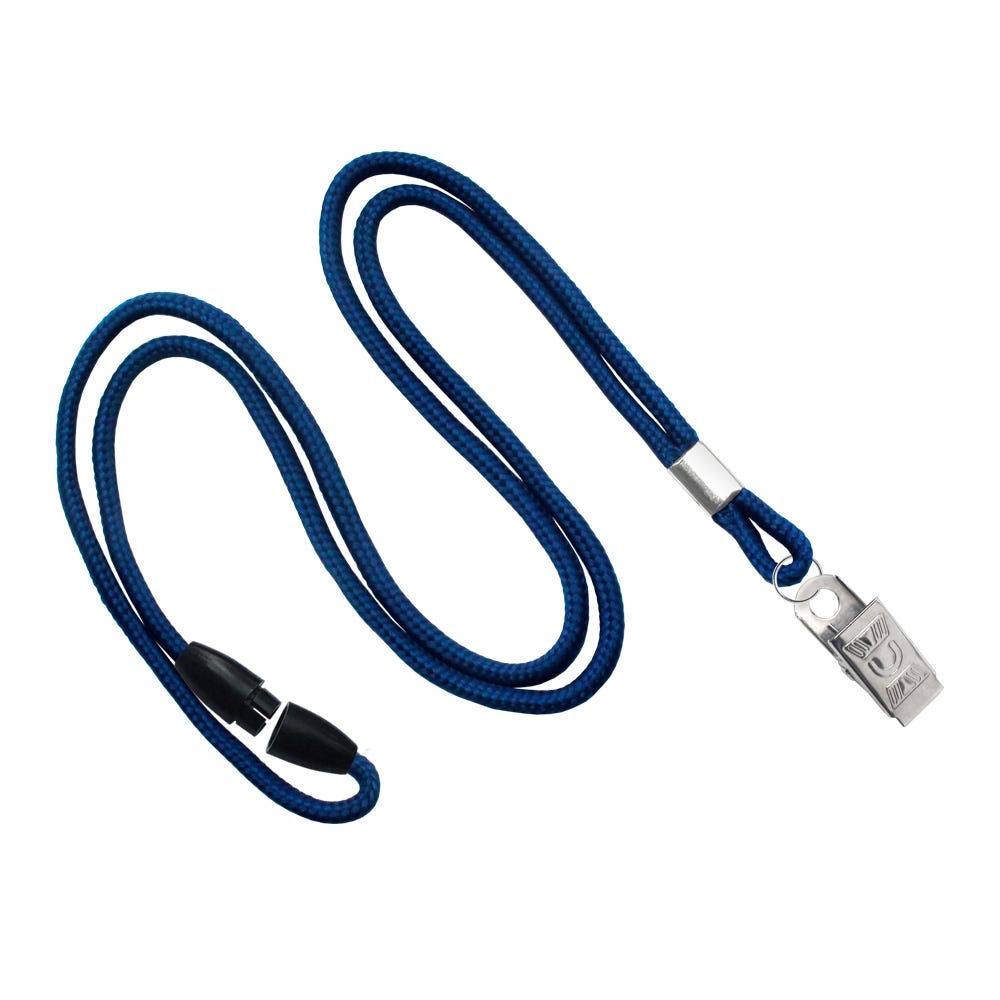 1/8'' Navy Blue Round Braid Lanyard with Safety Breakaway & Bulldog Clip - 100 per pack