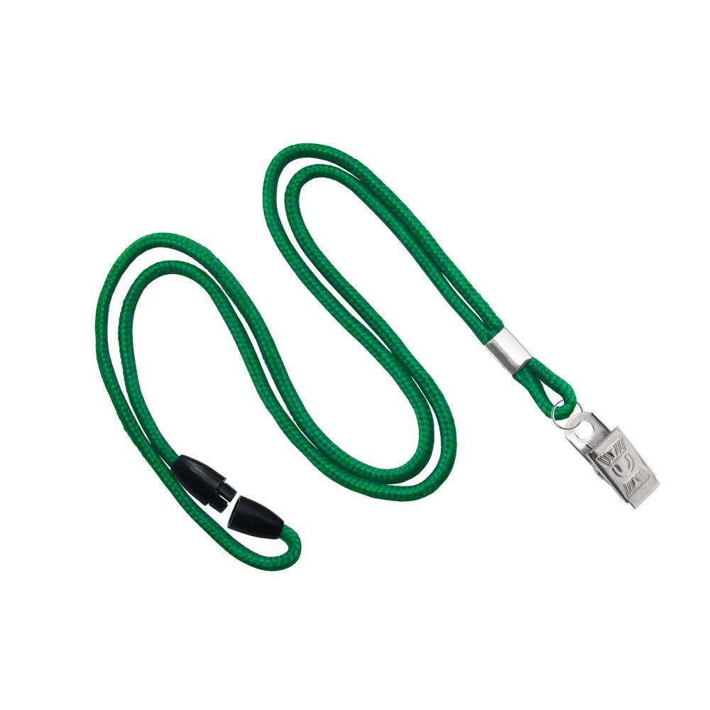1/8'' Green Round Braid Lanyard with Safety Breakaway & Bulldog Clip - 100 per pack