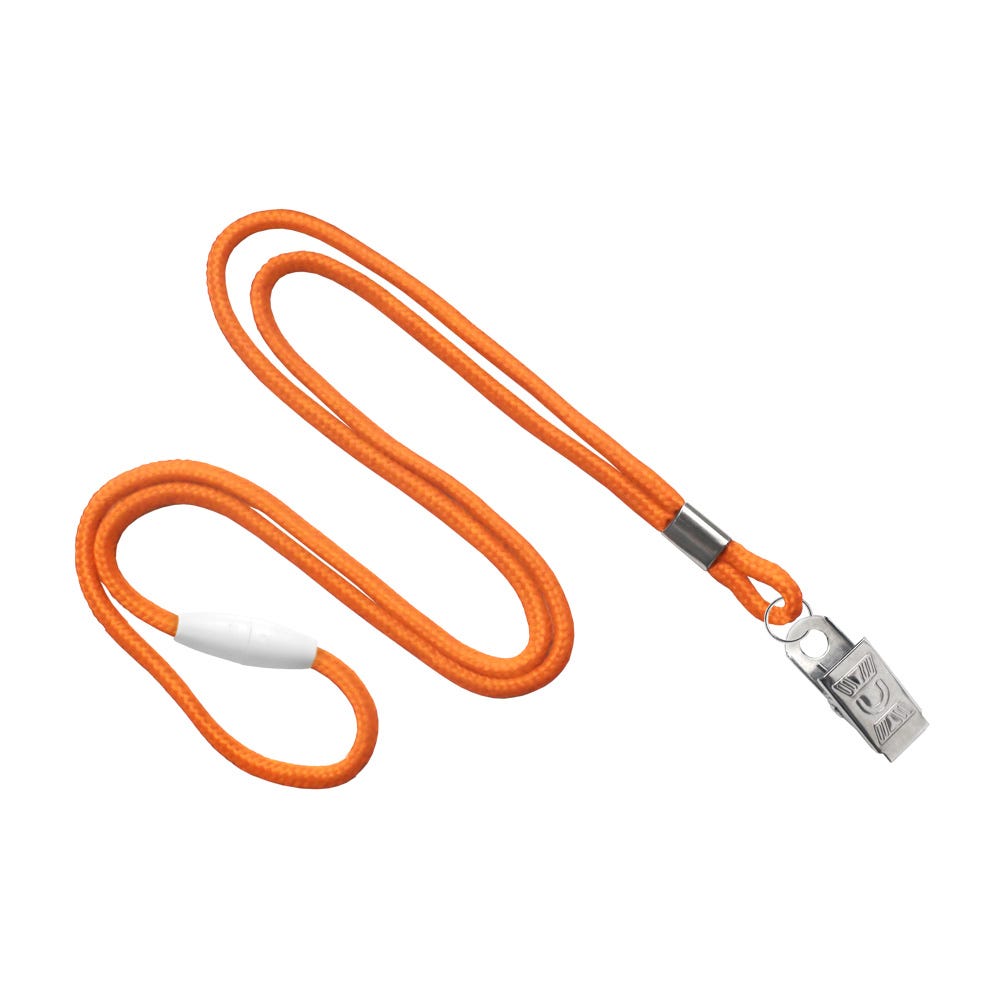 1/8'' Orange Round Braid Lanyard with Safety Breakaway & Bulldog Clip - 100 per pack