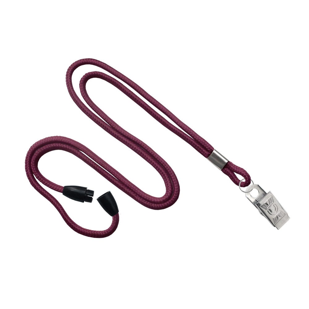 1/8'' Maroon Round Braid Lanyard with Safety Breakaway & Bulldog Clip - 100 per pack