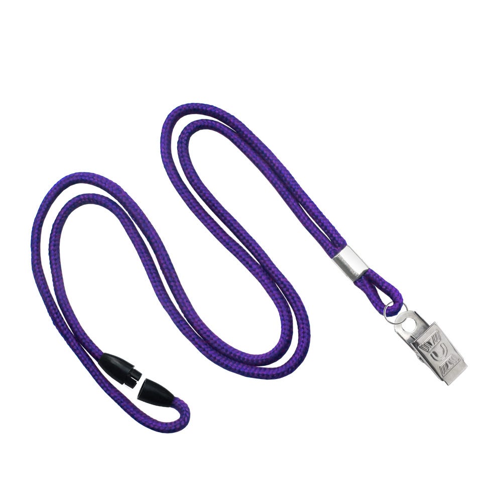 1/8'' Purple Round Braid Lanyard with Safety Breakaway & Bulldog Clip - 100 per pack
