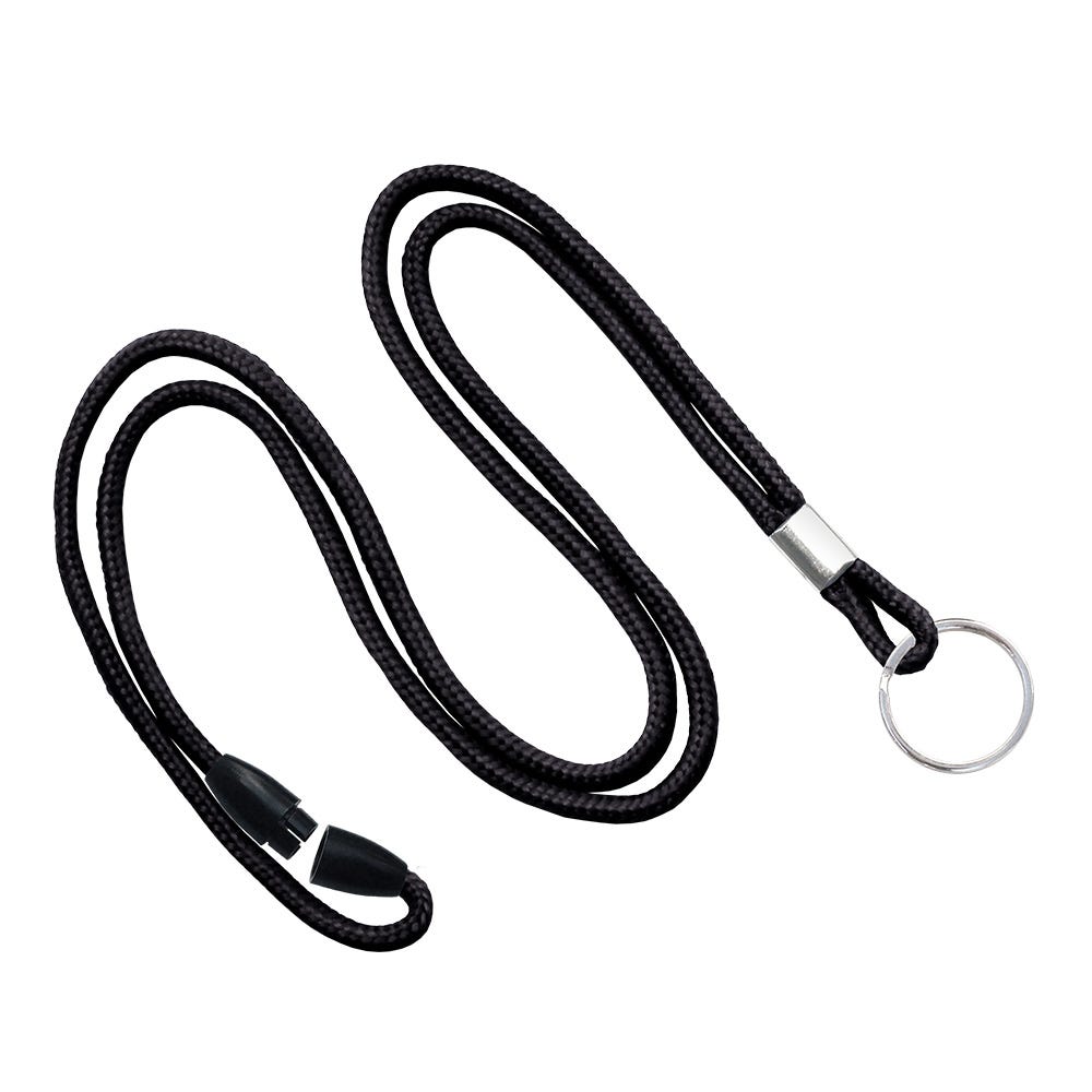 1/8'' Black Round Braid Lanyard with Safety Breakaway & Split Ring - 100 per pack