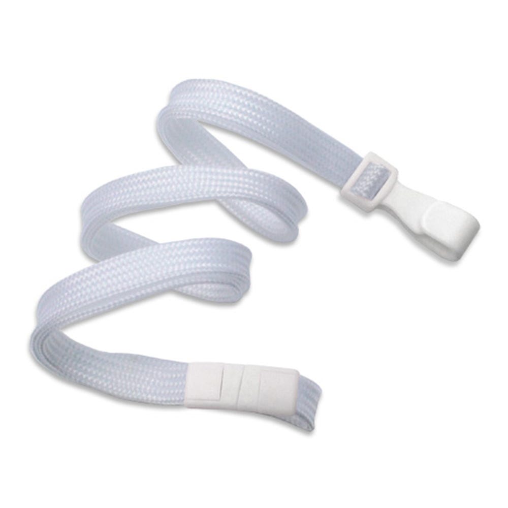 3/8'' White Flat Braid Lanyard with Safety Breakaway & Wide Plastic Hook - 100 per pack