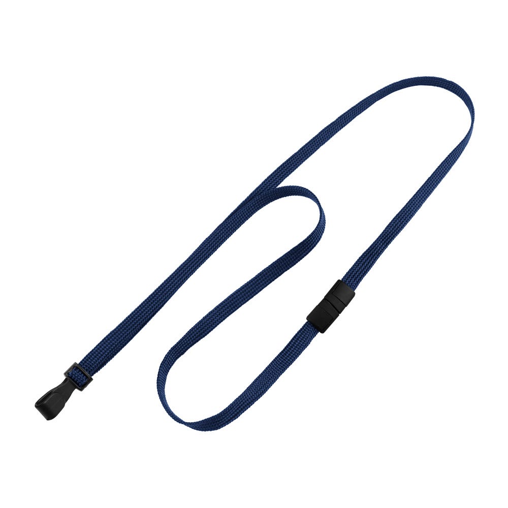 3/8'' Navy Blue Flat Braid Lanyard with Black Safety Breakaway & Wide Plastic Hook - 100 per pack