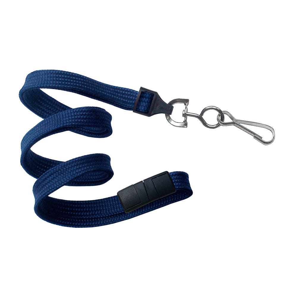 3/8'' Navy Blue Flat Braid Lanyard with Black Safety Breakaway & Swivel Hook - 100 per pack