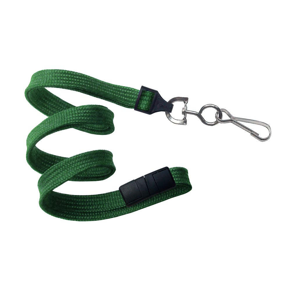 3/8'' Green Flat Braid Lanyard with Black Safety Breakaway & Swivel Hook - 100 per pack