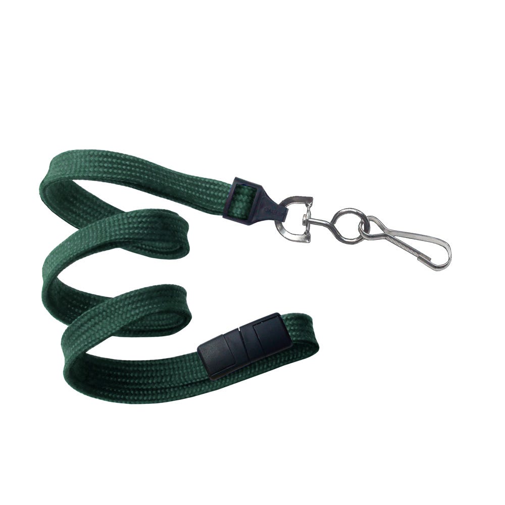 3/8'' Forest Green Flat Braid Lanyard with Black Safety Breakaway & Swivel Hook - 100 per pack