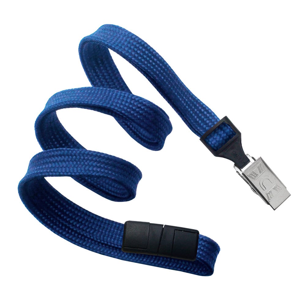 3/8'' Royal Blue Flat Braid Lanyard with Black Safety Breakaway & Bulldog Clip - 100 per pack