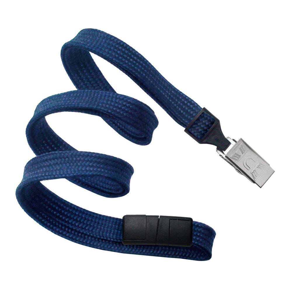 3/8'' Navy Blue Flat Braid Lanyard with Black Safety Breakaway & Bulldog Clip - 100 per pack