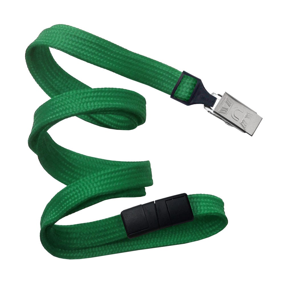 100-Pack of 3/8'' Green Flat Braid Lanyards with Black Safety Breakaway and Bulldog Clip