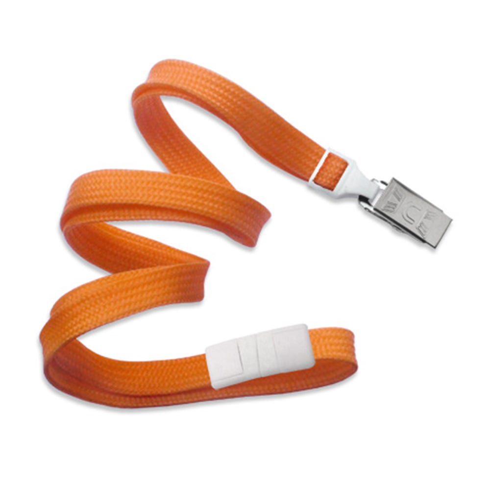 3/8'' Orange Flat Braid Lanyard with Safety Breakaway & Bulldog Clip - 100 per pack