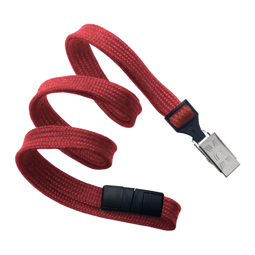 3/8'' Red Flat Braid Lanyard with Black Safety Breakaway & Bulldog Clip - 100 per pack