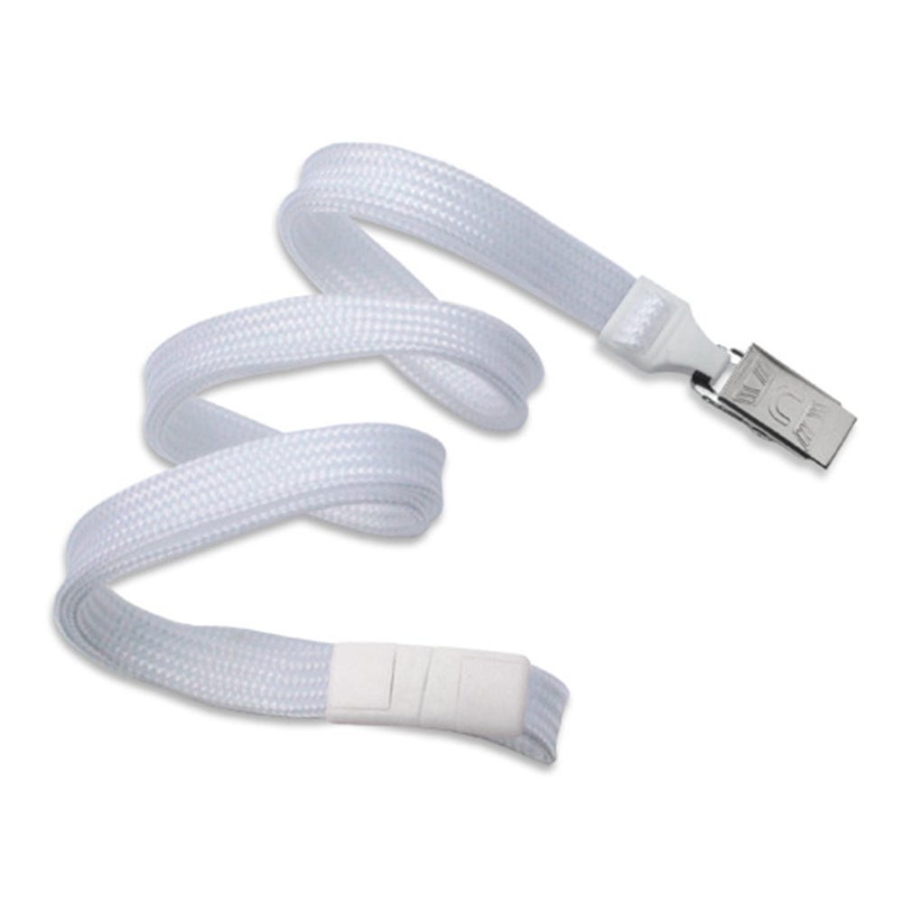 3/8'' White Flat Braid Lanyard with Safety Breakaway & Bulldog Clip - 100 per pack