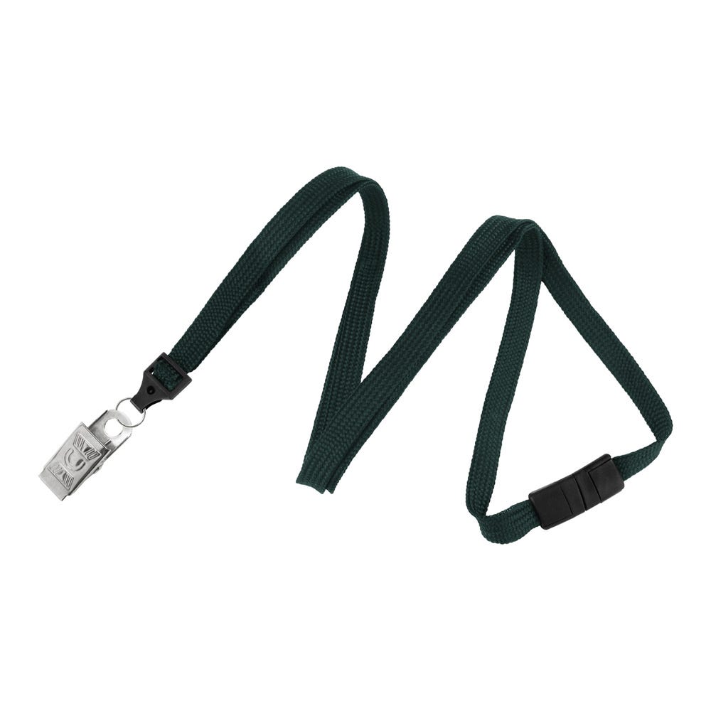 3/8'' Green Flat Braid Lanyard with Black Safety Breakaway & Bulldog Clip - 100 per pack
