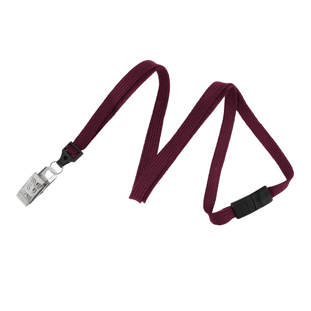 3/8'' Maroon Flat Braid Lanyard with Black Safety Breakaway & Bulldog Clip - 100 per pack