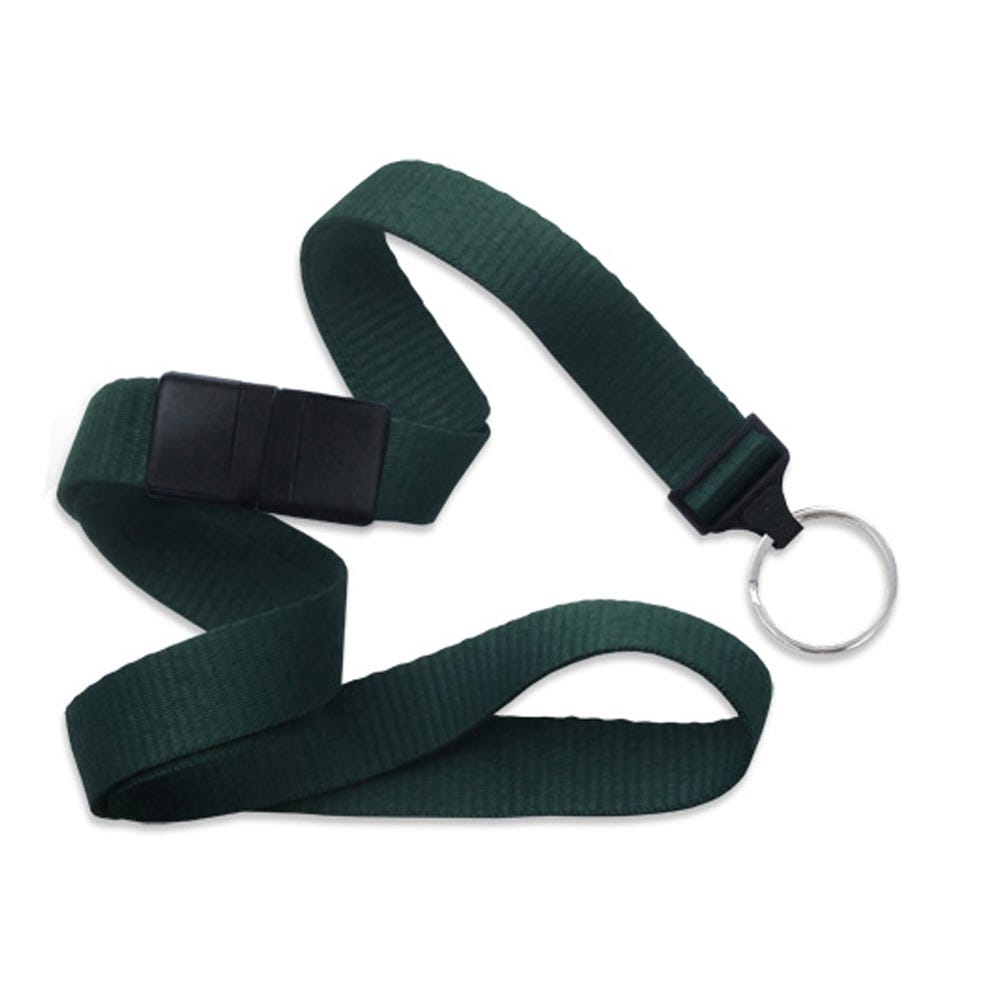 5/8'' Forest Green Flat Braid Lanyard with Black Safety Breakaway & Split Ring - 100 per pack