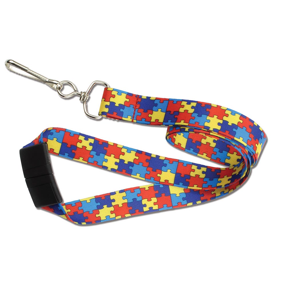 3/4'' Autism Awareness Lanyards in Red/Yellow/Blue Pattern w/ Breakaway & Swivel Hook - 100 per pack