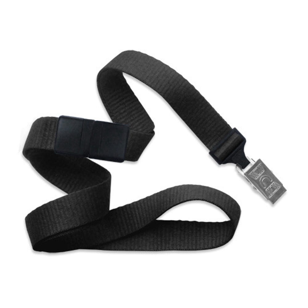 5/8'' Black Flat Braid Lanyard with Black Safety Breakaway & Bulldog Clip - 100 per pack
