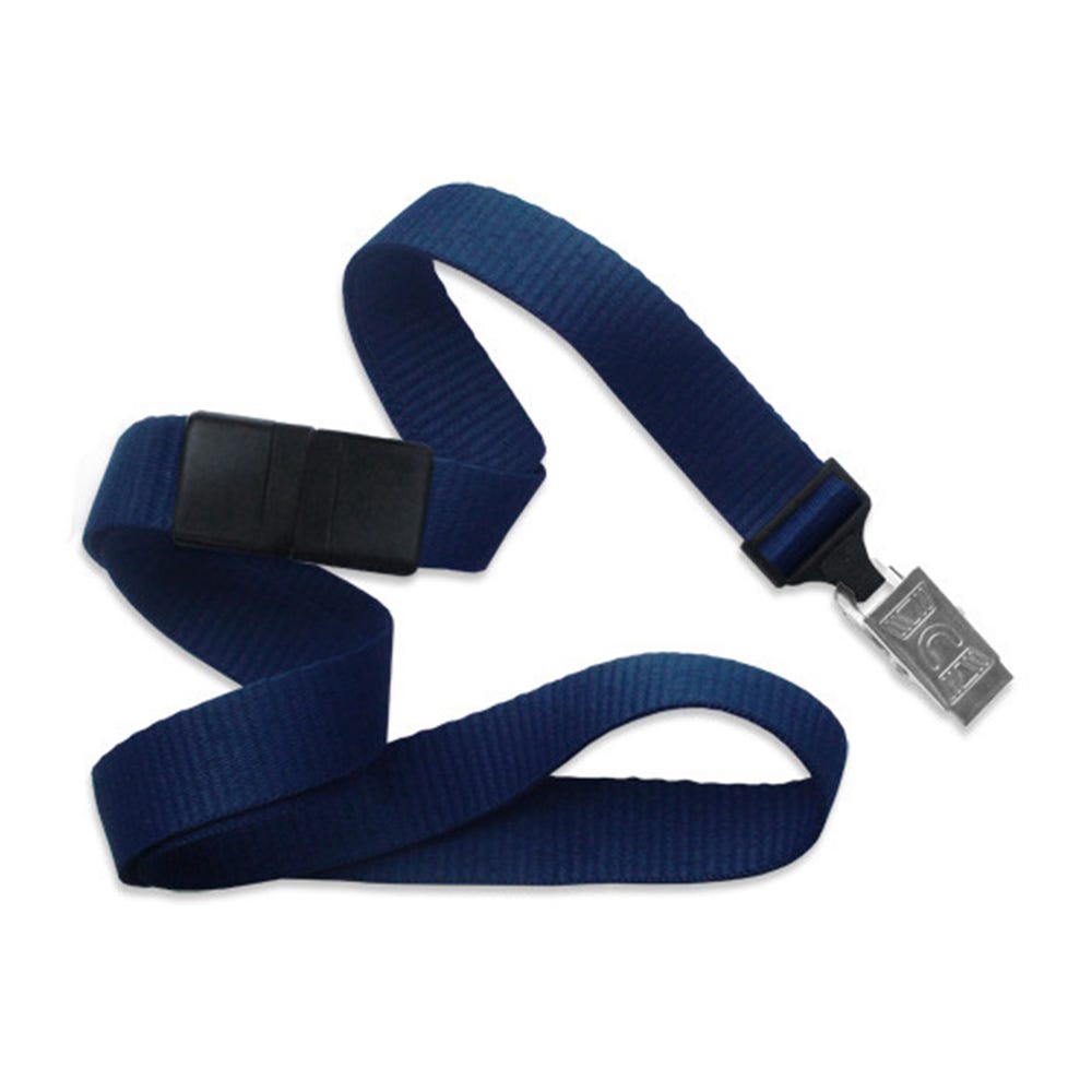 5/8'' Navy Blue Flat Braid Lanyard with Black Safety Breakaway & Bulldog Clip - 100 per pack