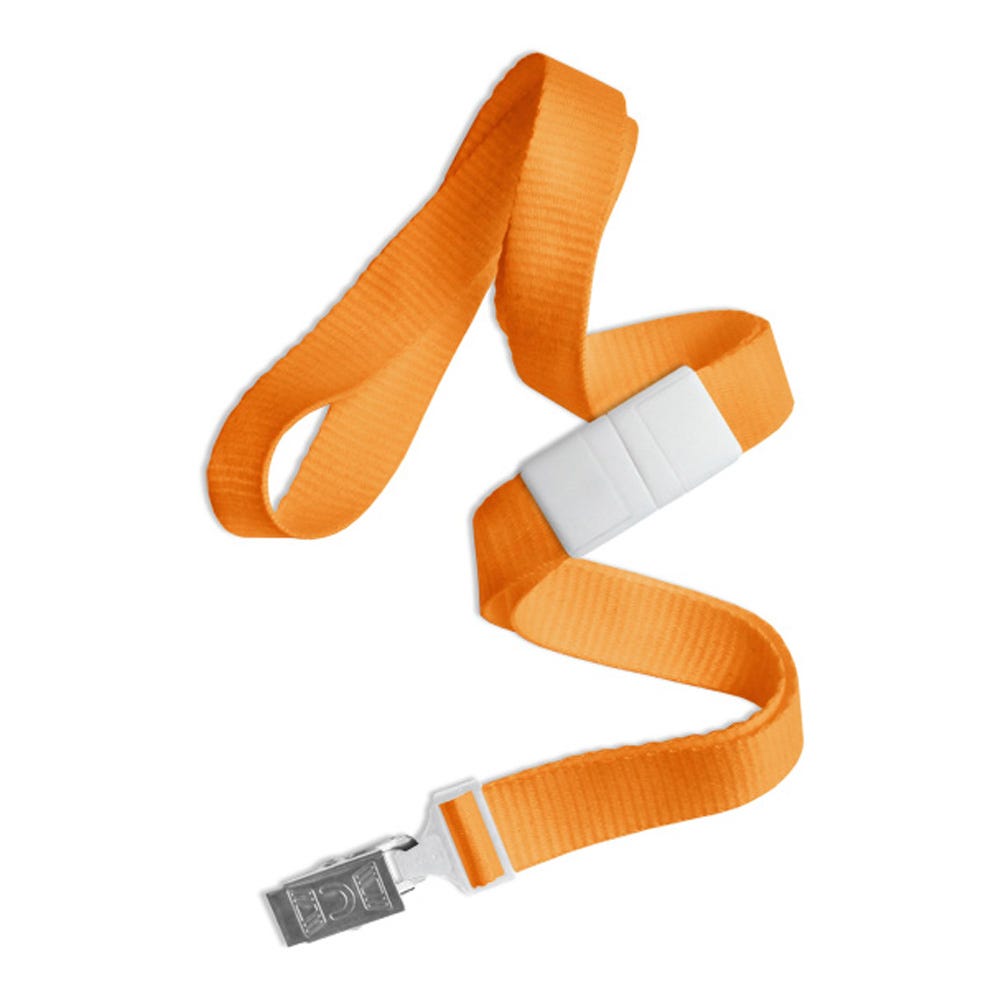 5/8'' Orange Flat Braid Lanyard with White Safety Breakaway & Bulldog Clip - 100 per pack