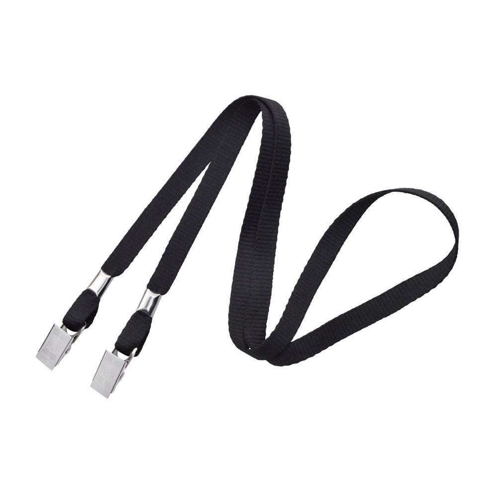 3/8'' Black Flat Opened-ended Lanyard w/ Two Bulldog Clips - 100 per pack