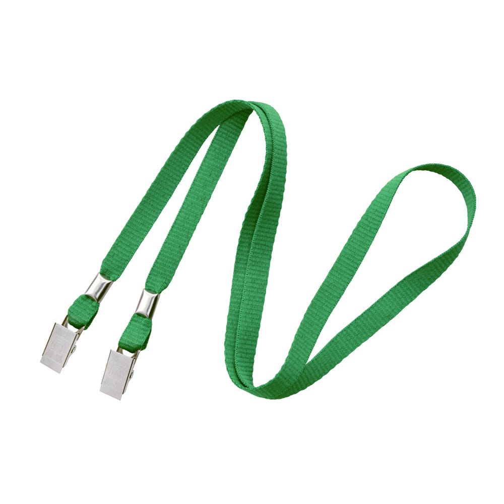 3/8'' Green Flat Opened-ended Lanyard w/ Two Bulldog Clips - 100 per pack