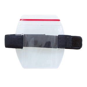 Clear Vinyl Badge Holder with Zipper and Blue Armband - Vertical - 2.2" x 3.38" - 25 per pack