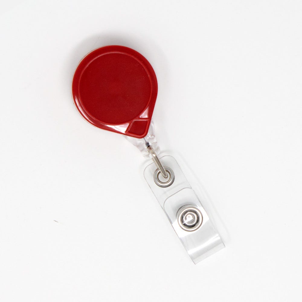 Mini Red Round 1'' Badge Reels w/ Belt Clip - Color Strap - 25 pack